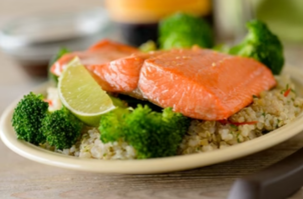 Salmon steak, vegetables, quinoa