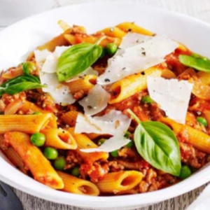 Beef Bolognese, vegetables, penne