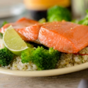 Salmon steak, vegetables, quinoa